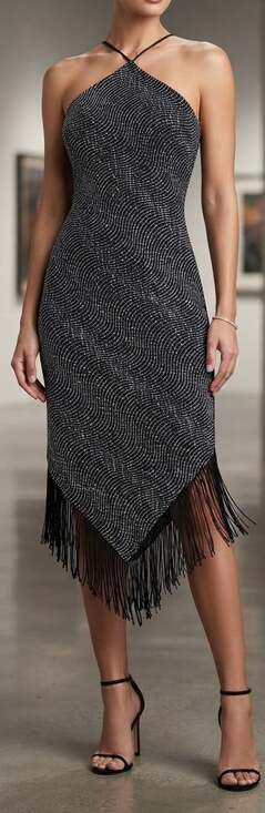 Cache Dresses & Skirts - Cache Vintage /Y2K Beaded Fringe Halter Dress Size 4 Black Silver